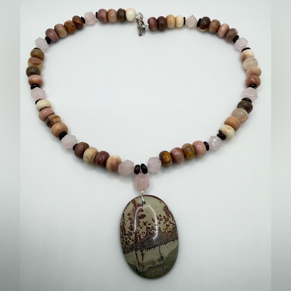 20" Peruvian Pink Opal, Garnet, Rose Quartz w/ Flower jasper pendant necklace!